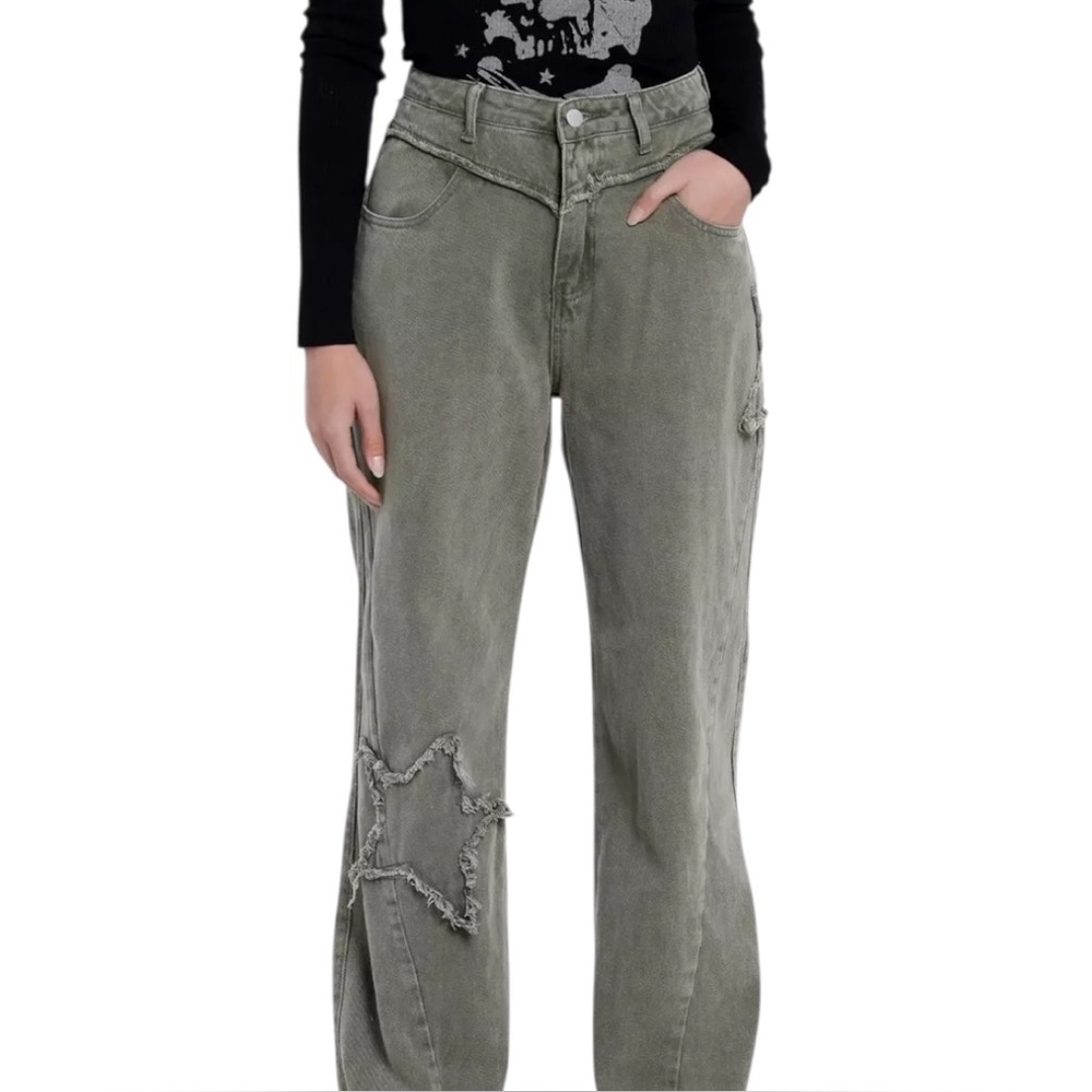 Hot Topic Army Green Distressed Star Patch Wide Leg Jeans